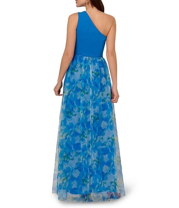 Adrianna Papell Mixed Media Floral Print One-Shoulder Neck Sleeveless A-Line Gown Product Image
