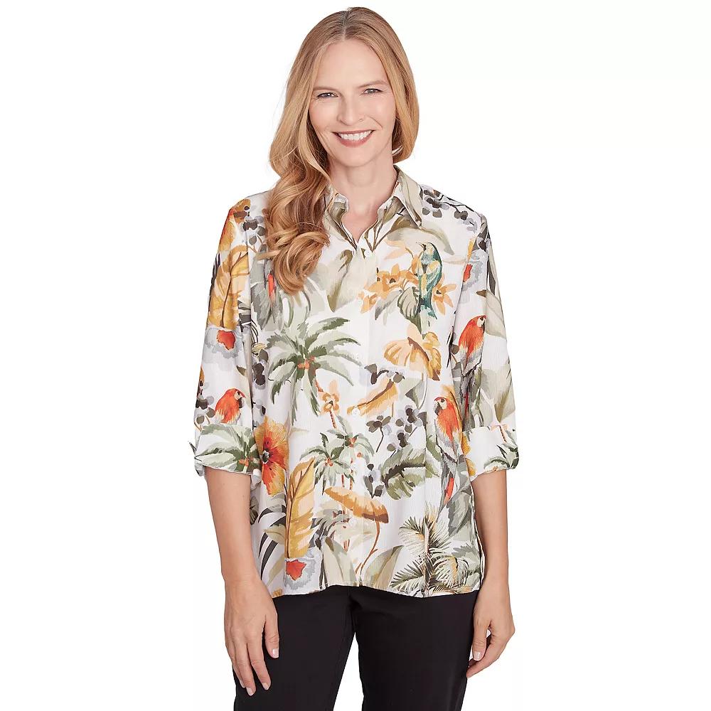 Petite Alfred Dunner Tropical Bird Button Down Shirt, Women's,  Product Image