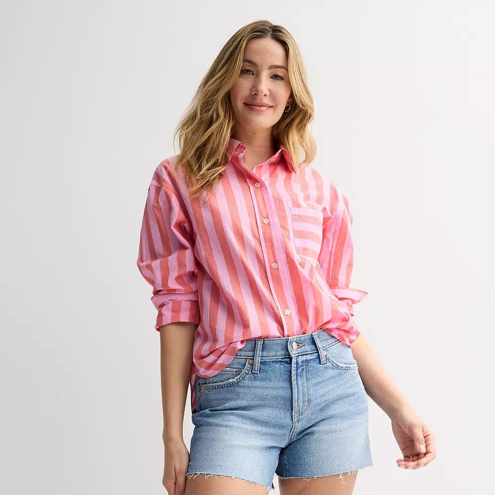 Petite Sonoma Goods For Life® Oversized Boyfriend Shirt, Women's, Size: XL Petite, Peach Pink Stripe Product Image