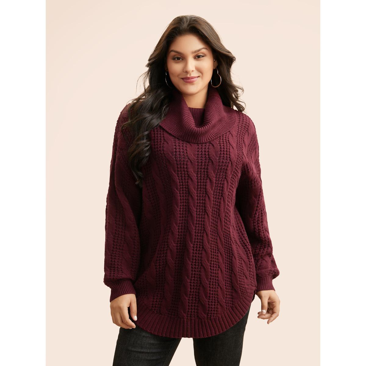 Plus Size Turtleneck Cable Knit Curved Hem Pullover Burgundy Women Leisure Loose Long Sleeve Turtleneck Casual Pullovers BloomChic 28/5X Product Image