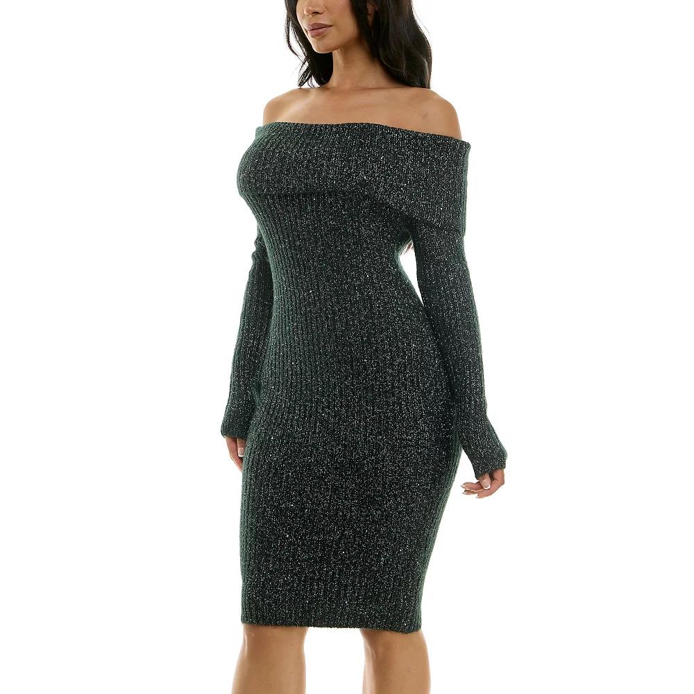 Women's Nina Leonard Fold-Over Lurex Sweater Dress, Size: Medium, Rich Green Product Image