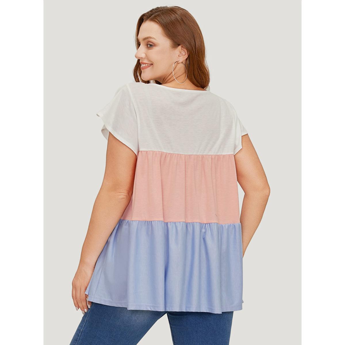 Plus Size Color Block Contrast Cap Sleeve Tank Top Women Multicolor Casual Gathered Round Neck Dailywear Tank Tops Camis BloomChic 22-24/3X Product Image