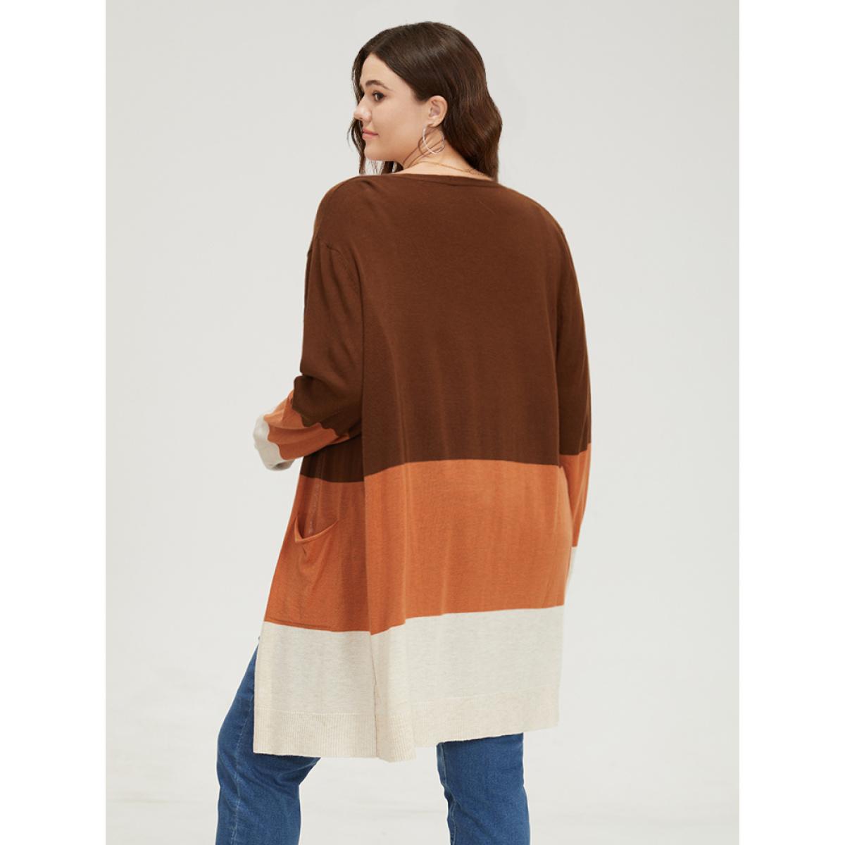 Plus Size Supersoft Essentials Colorblock Contrast Pocket Open Front Cardigan Orange Women Casual Loose Long Sleeve Everyday Cardigans BloomChic 28/5X Product Image
