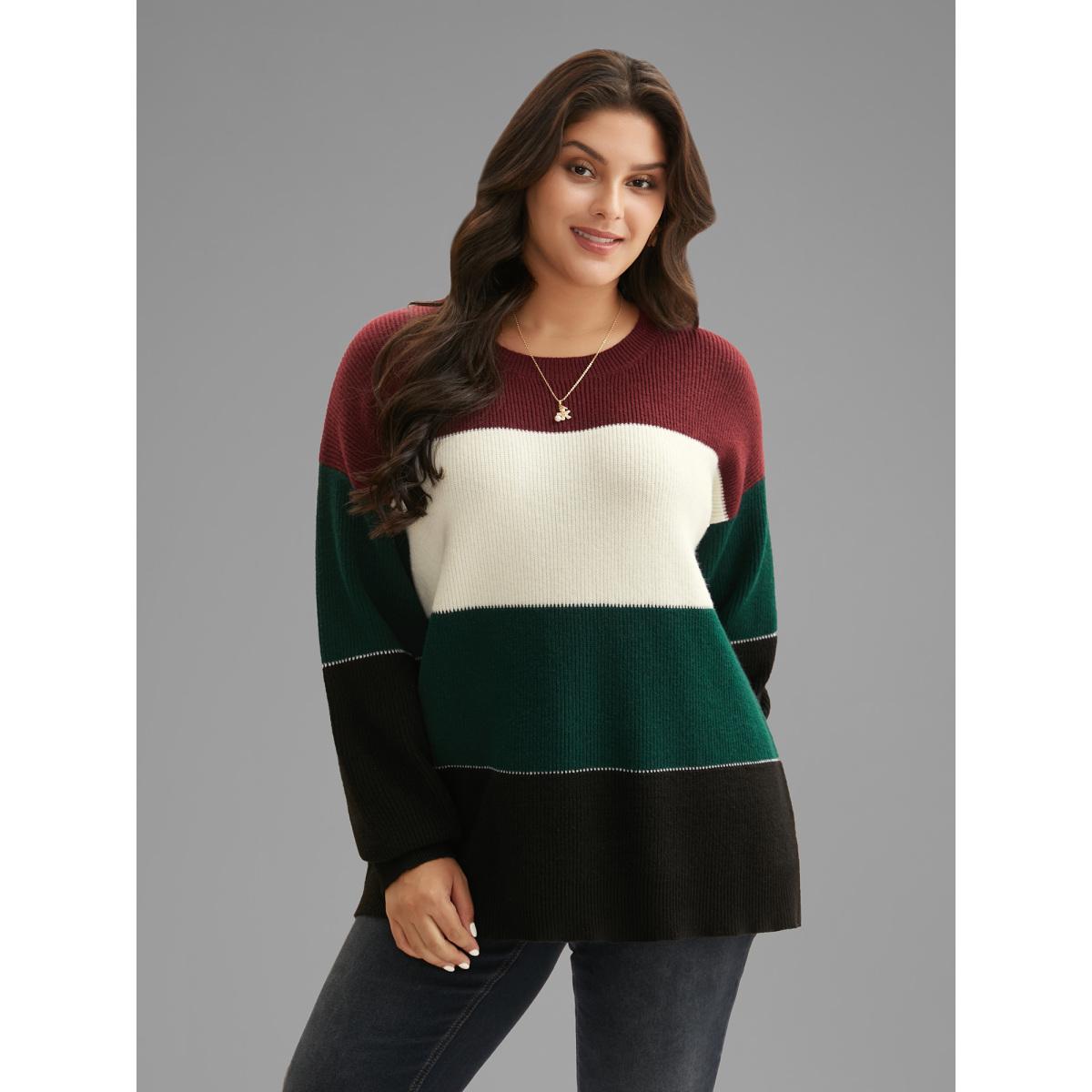 Plus Size Supersoft Essentials Holiday Color Block Pullover Multicolor Women Leisure Loose Long Sleeve Round Neck Casual Pullovers BloomChic 28/5X Product Image