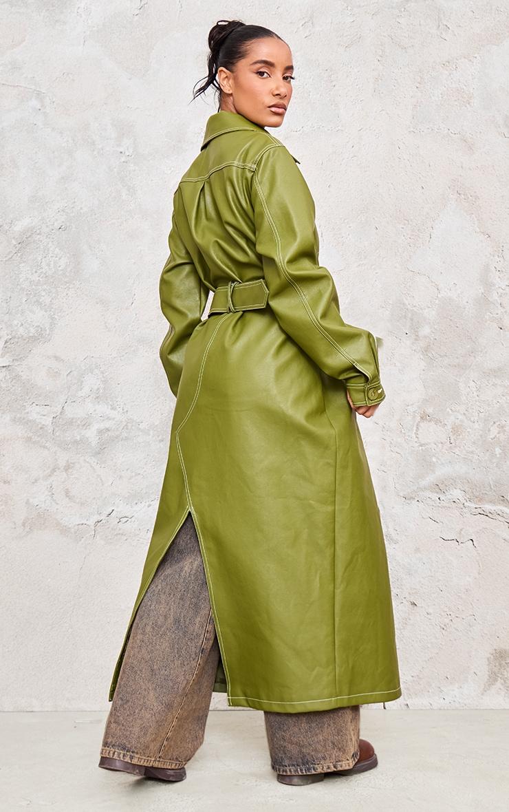 Olive Faux Leather Contrast Stitch Split Hem Trench Coat Product Image