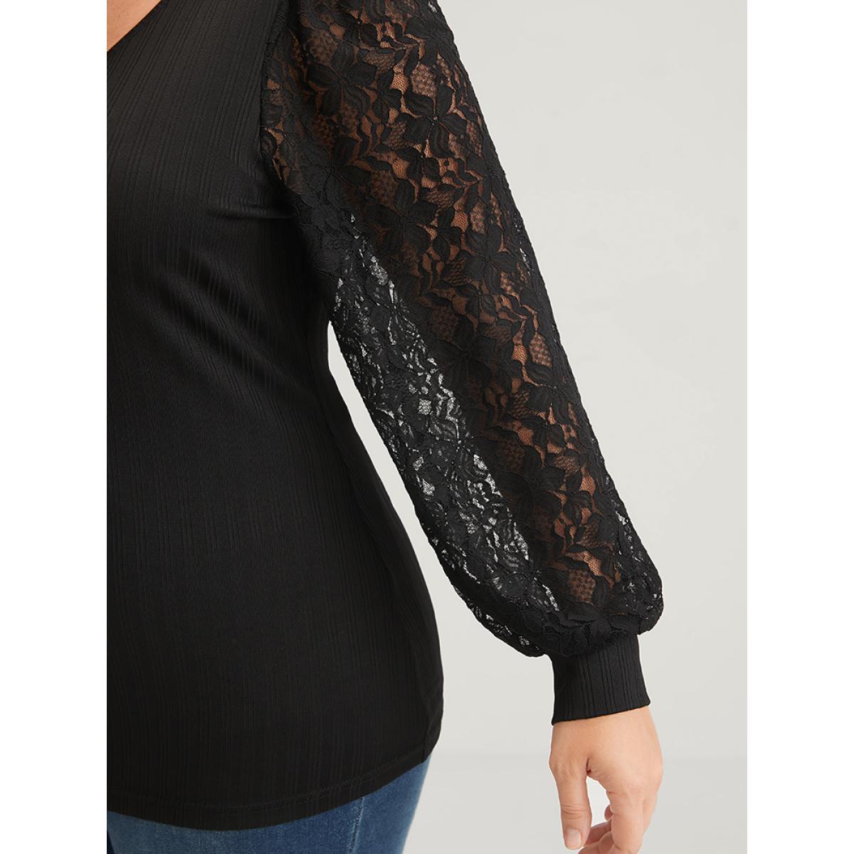 Plus Size Solid Rib Knit Contrast Lace Lantern Sleeve Long Tee Black Women Elegant Plain Plain V-neck Dailywear T-shirts BloomChic 30/6X Product Image