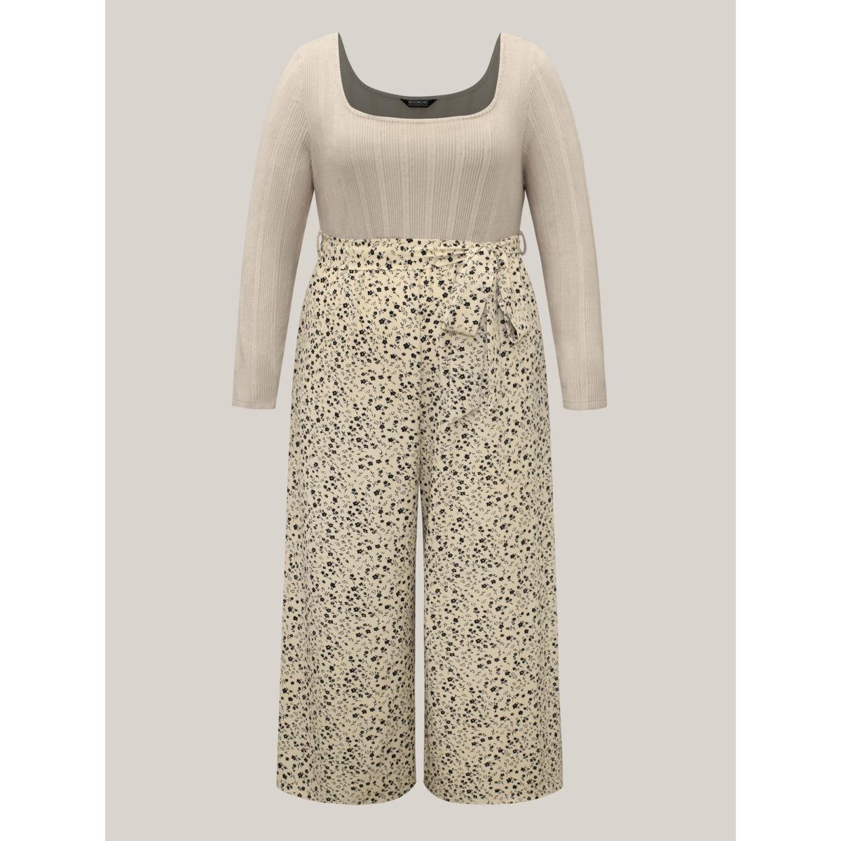 Plus Size Apricot Textured Square Neck Belted Floral Jumpsuit Women Elegant Long Sleeve Square Neck Everyday Loose Jumpsuits BloomChic 14-16/1X Product Image