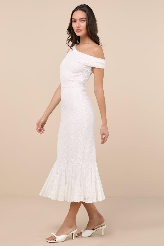 Nadie White Lace Asymmetrical Midi Dress Product Image