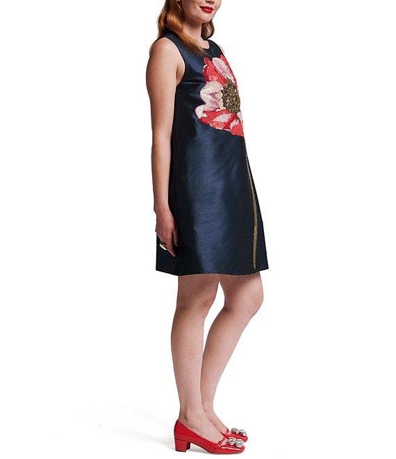 FRANCES VALENTINE Alice Sequin Paradise Poppy Embroidered Dupion Scoop Neck Sleeveless Shift Dress Product Image