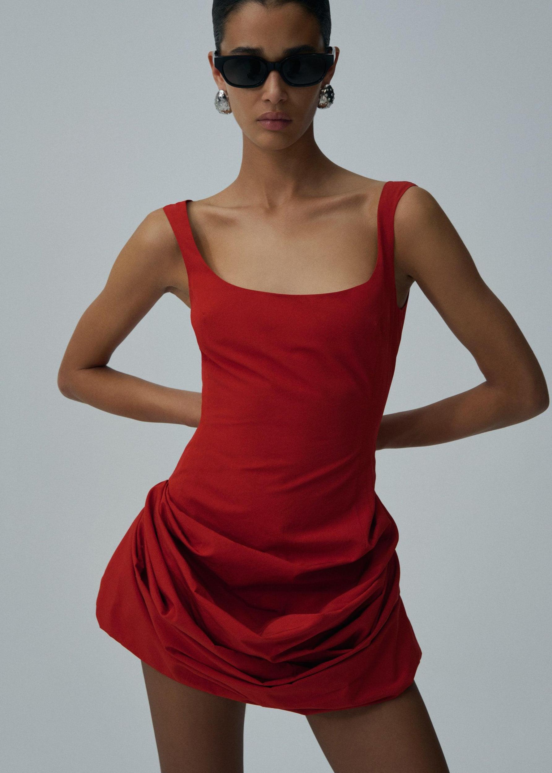 Round neck ruched cotton mini dress in red Product Image