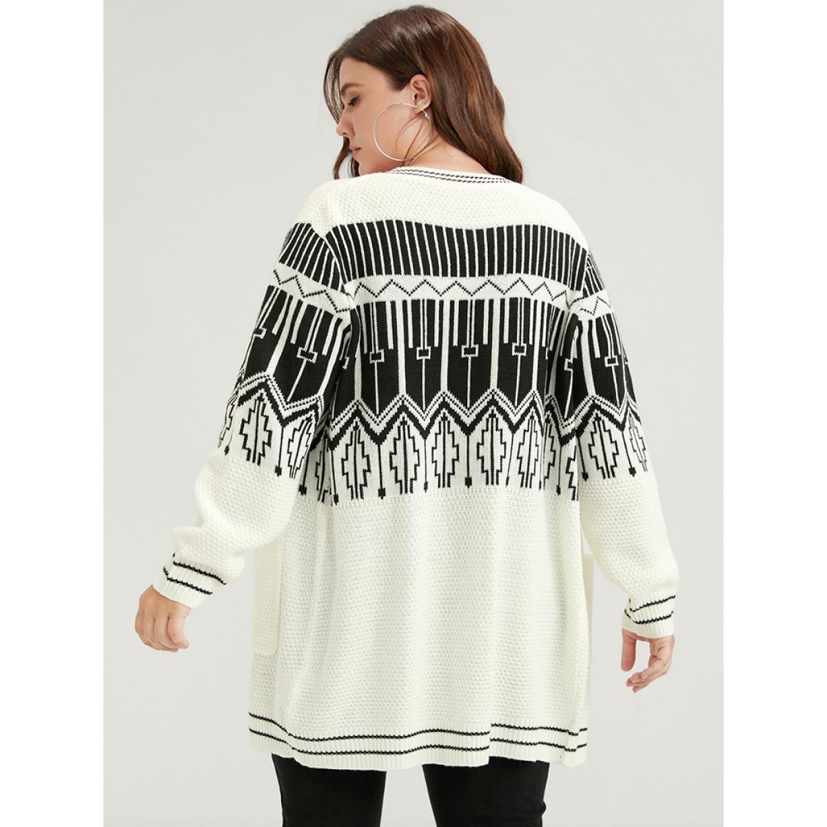 Plus Size Geometric Knitted Jacquard Contrast Pocket Button Front Cardigan White Women Elegant Loose Long Sleeve Dailywear Cardigans BloomChic 14-16/1X Product Image