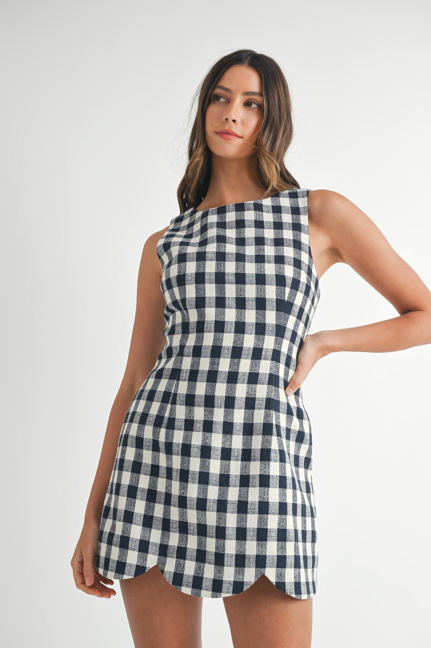 Gingham Scallop-Hem Mini Dress Product Image