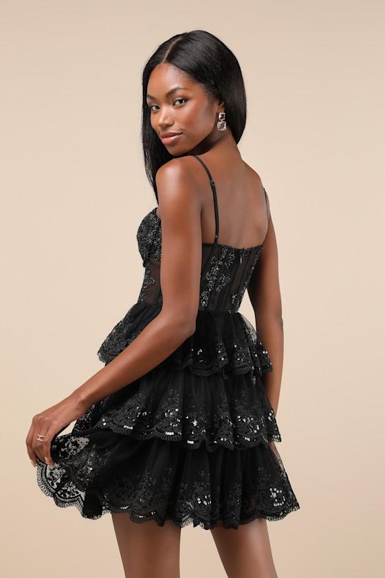 Exquisite Drama Black Embroidered Sequin Tiered Mini Dress Product Image