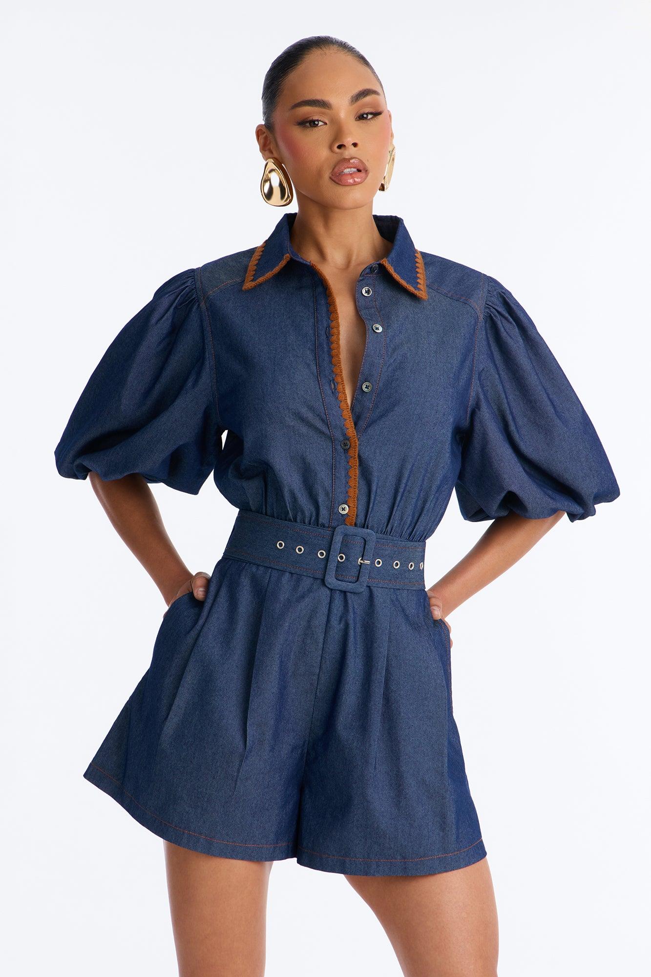 Jaika Denim Embroidered Romper - Dark Wash Female Product Image