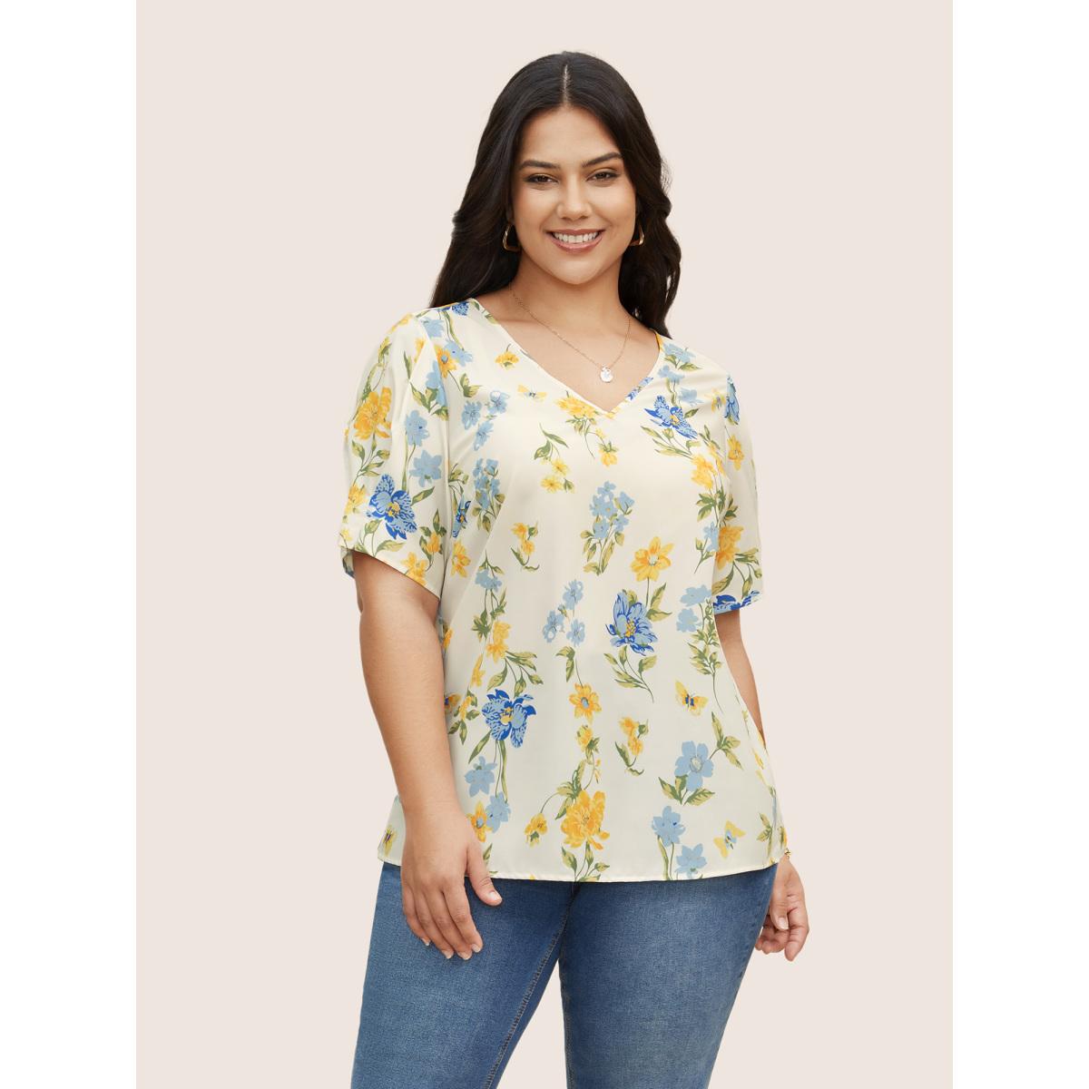 Plus Size Lemonyellow Floral & Butterfly V Neck Bishop Sleeve Blouse Women Elegant Half Sleeve V-neck Everyday Blouses BloomChic 14-16/1X Product Image