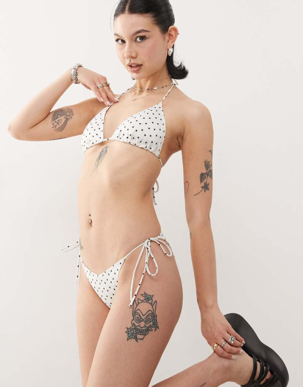 Monki mix and match triangle tie up bikini top in white and black polka dot Product Image