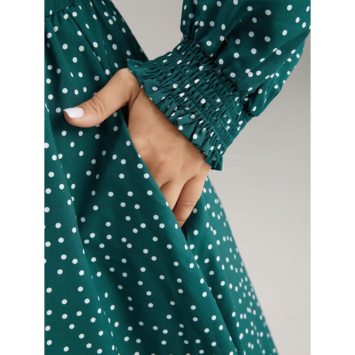 Plus Size Polka Dot Mock Neck Shirred Dress DarkGreen Women Elegant Printed Mock Neck Long Sleeve Curvy Midi Dress BloomChic 26/4X Product Image