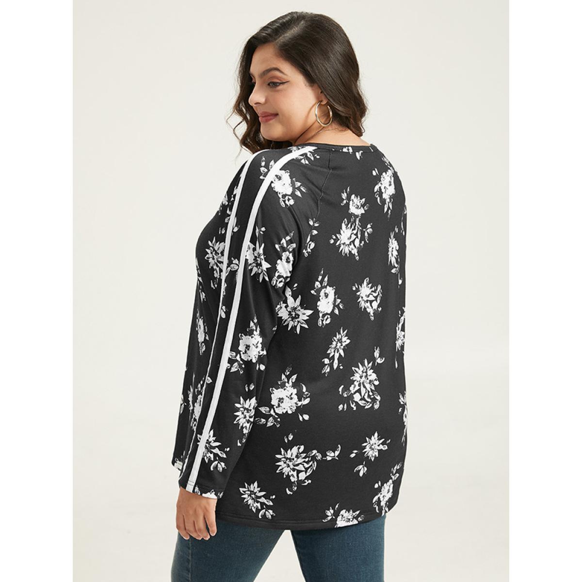 Plus Size Floral Raglan Sleeve Contrast Trim Sweatshirt Women Black Elegant Printed V-neck Everyday Sweatshirts BloomChic 12/L Product Image
