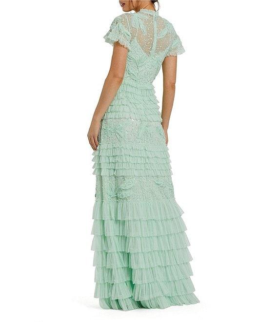 Mac Duggal Beaded Mesh High Neck Micro Ruffle Floral Overlay Column Gown Product Image