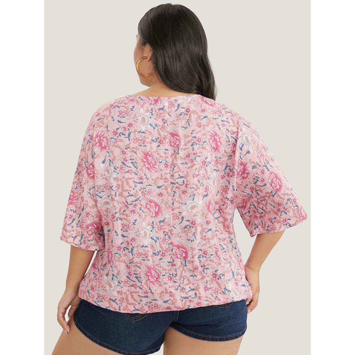 Plus Size Pink Floral Print Surplice Neck Blouse Women Vacation Half Sleeve V-neck Dailywear Blouses BloomChic 30/6X Product Image