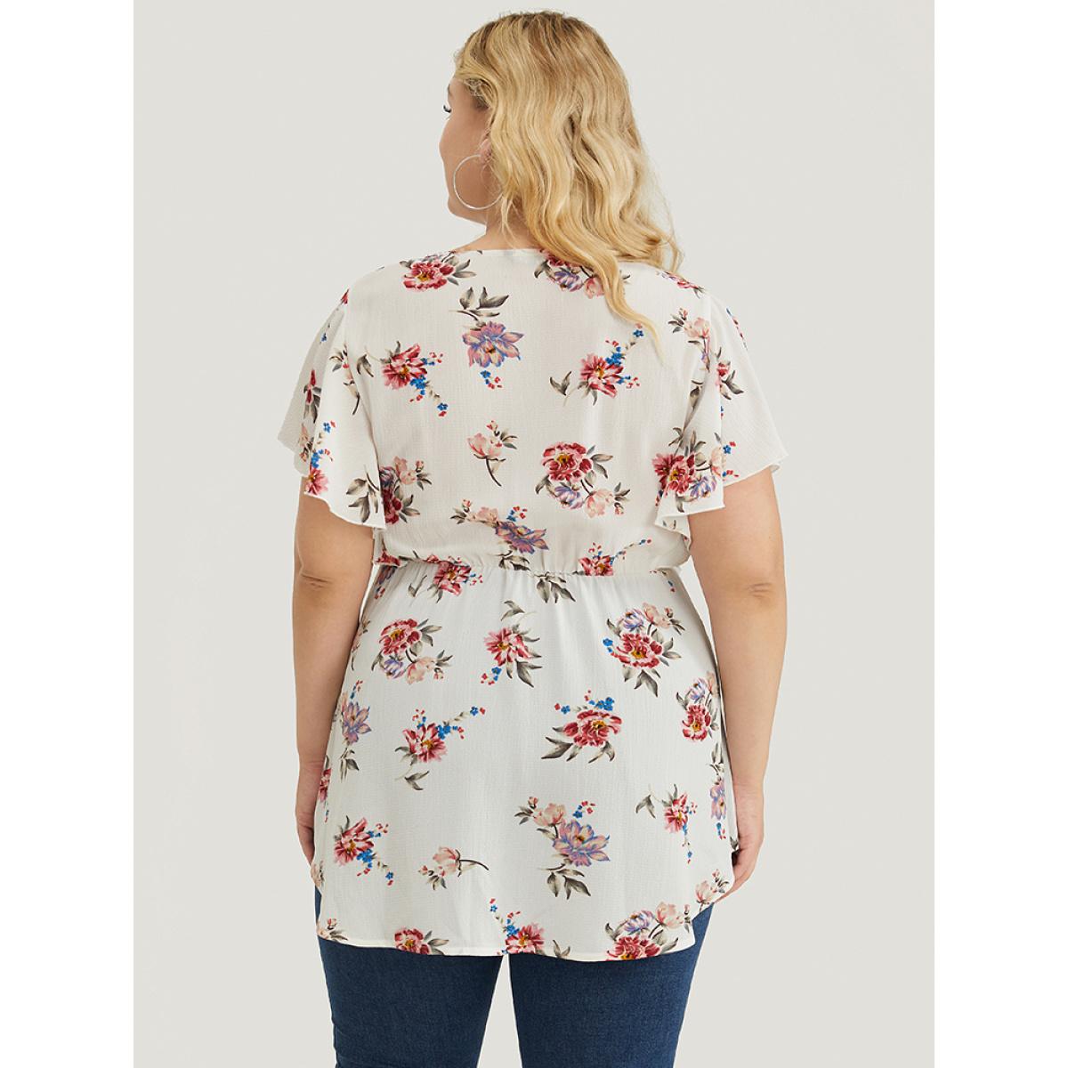 Plus Size White Floral Print Round Neck Ruffles High Low Hem Blouse Women Elegant Short sleeve Round Neck Dailywear Blouses BloomChic 10/M Product Image