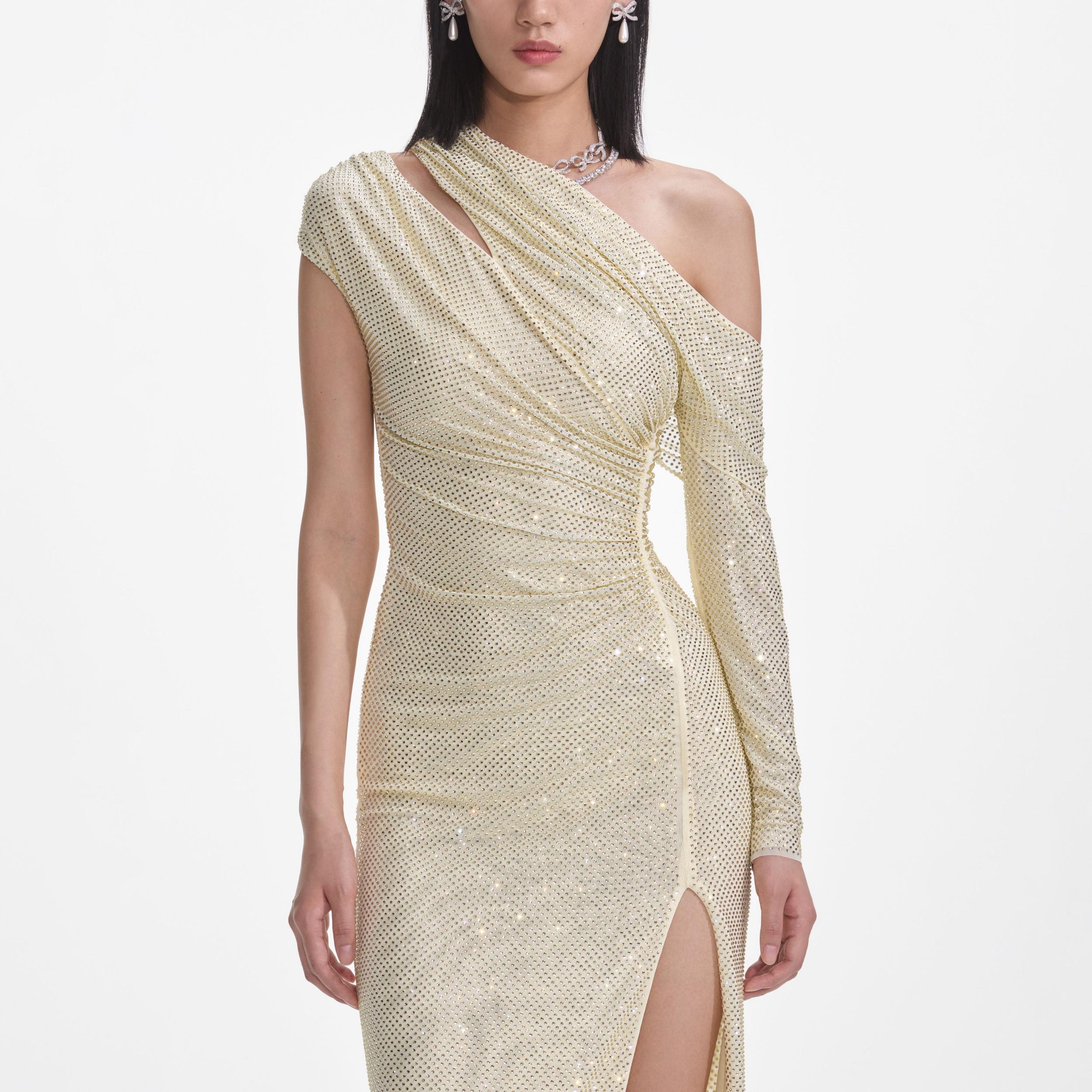 Yellow Rhinestone Gathered Midi Dress Product Image