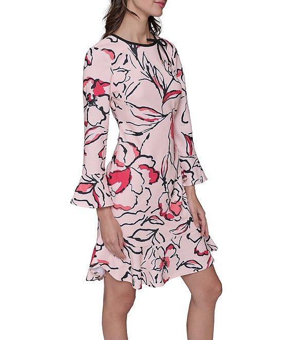 KARL LAGERFELD PARIS Bow Neck Floral Print Scuba Crepe Flounce Hem Sheath Dress Product Image