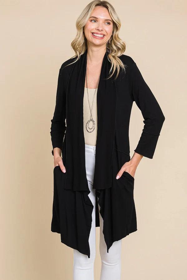 Black Drape Detail Half Duster Solid Cardigan Product Image