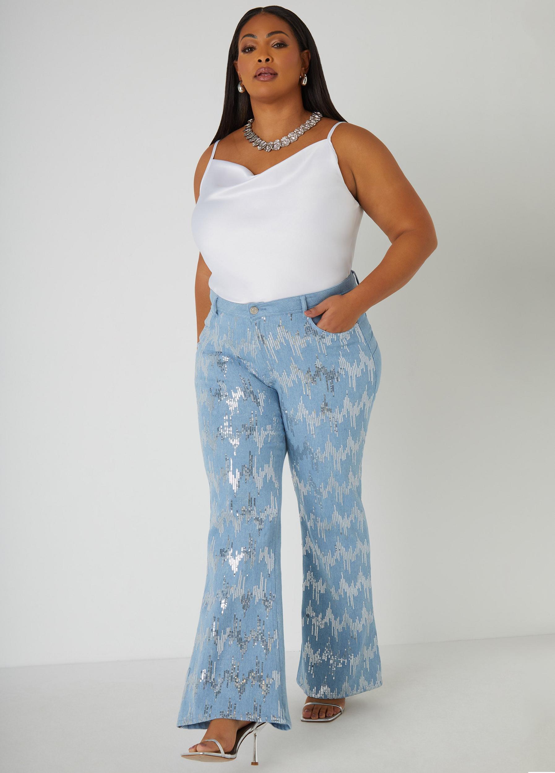 Plus Size Sequined Flared Jeans Ashley Stewart Product Image