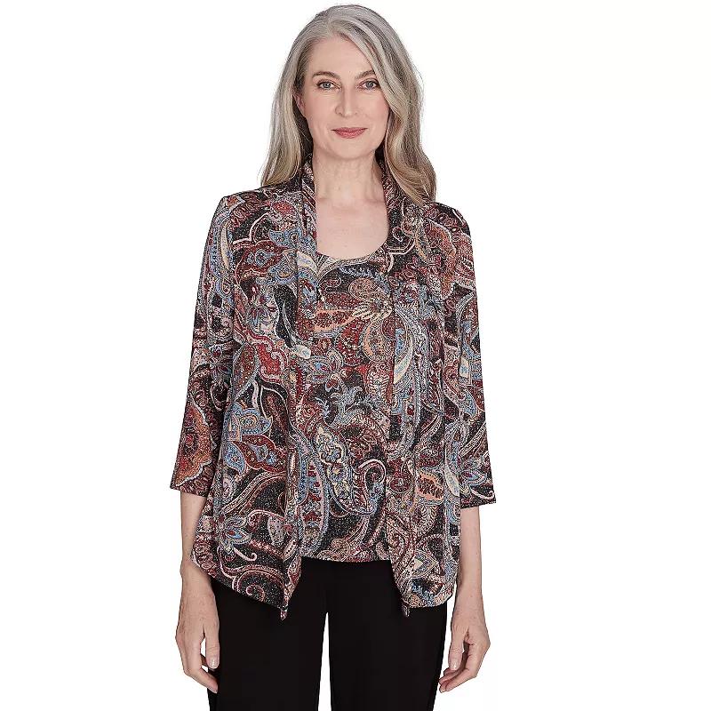 Women's Alfred Dunner Metallic Paisley Two-In-One Top with Necklace, Size: Medium, Neutral Team Product Image