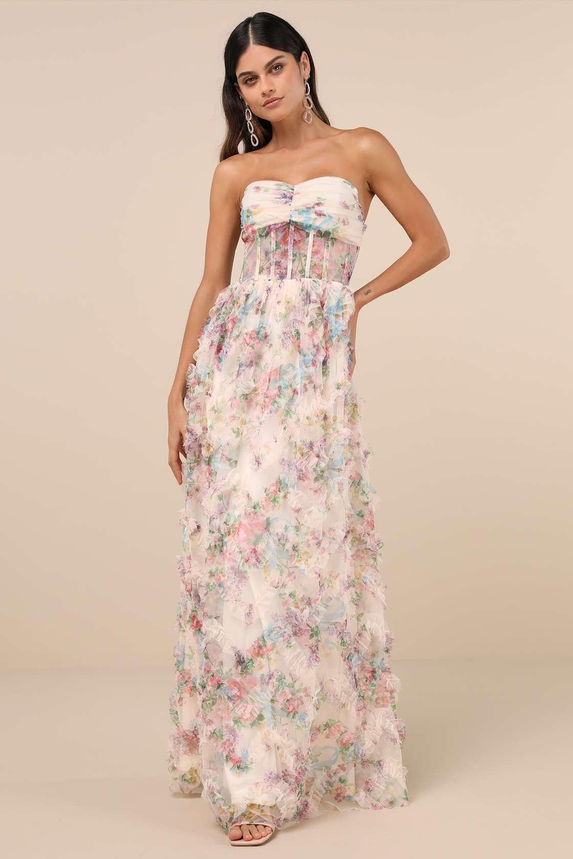 Stunning Element Cream Floral Mesh Ruffled Strapless Maxi Dress Product Image
