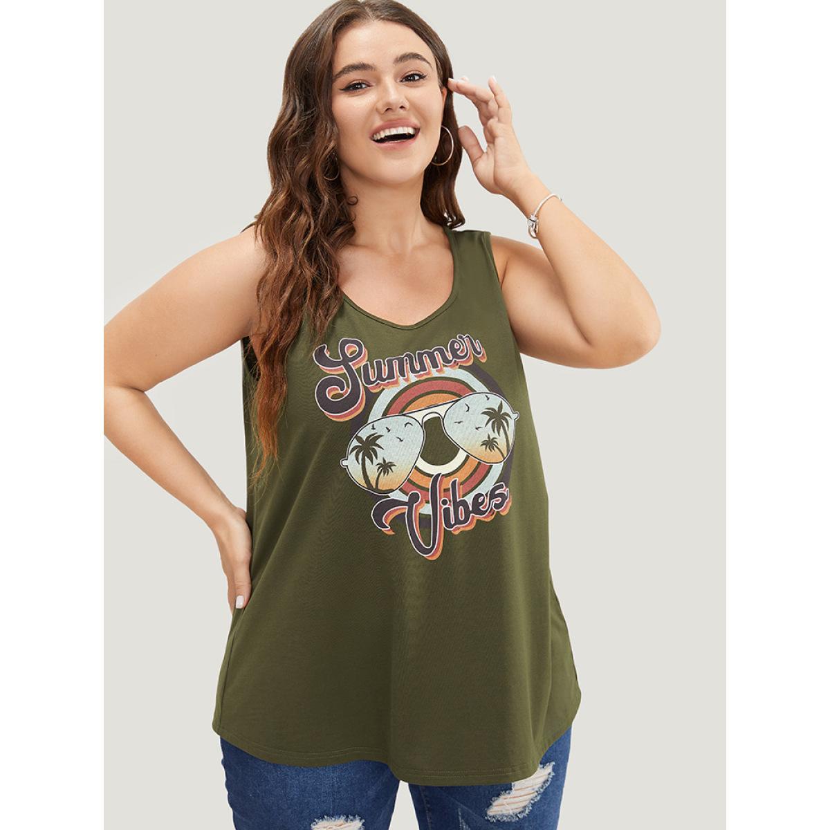 Plus Size Letter & Graphic Print Round Neck Tank Top Women ArmyGreen Casual Dailywear Tank Tops Camis BloomChic 12/L Product Image