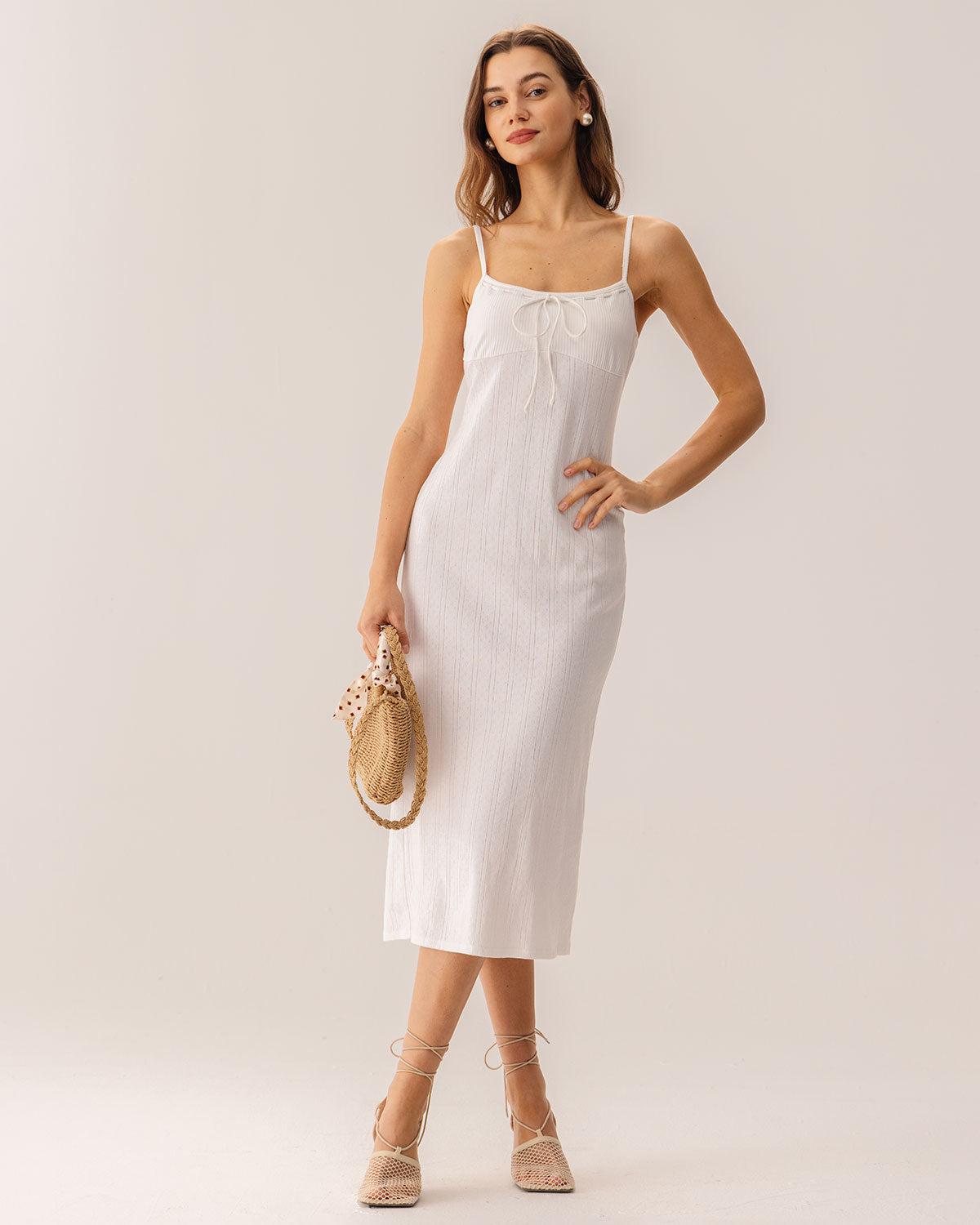 White Bodycon Slit Slip Midi Dress Product Image