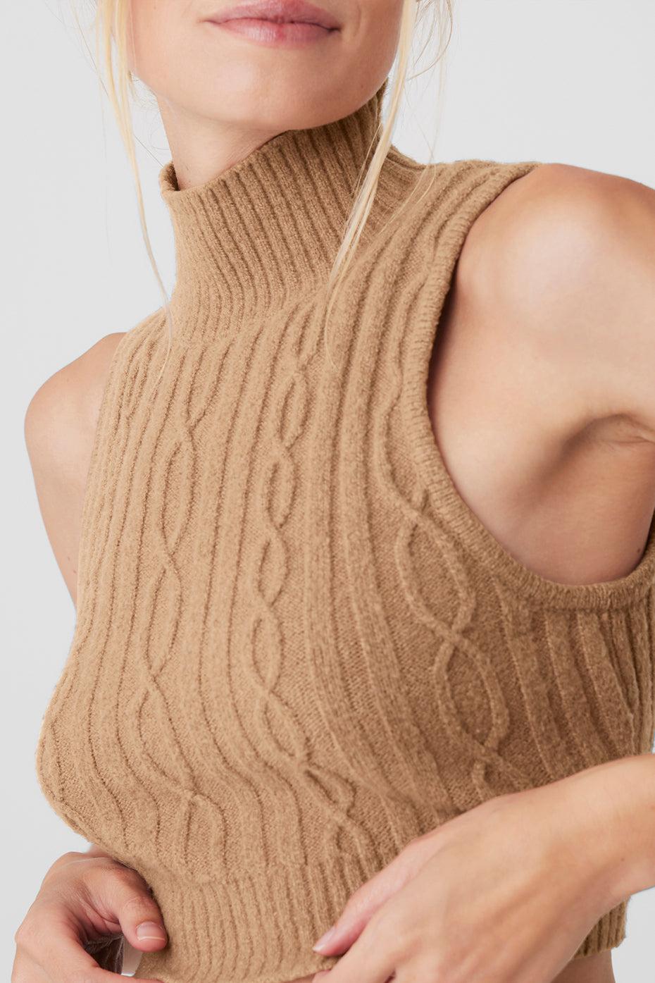 Cable Knit Winter Bliss Mock Neck Tank - Toasted Almond Product Image