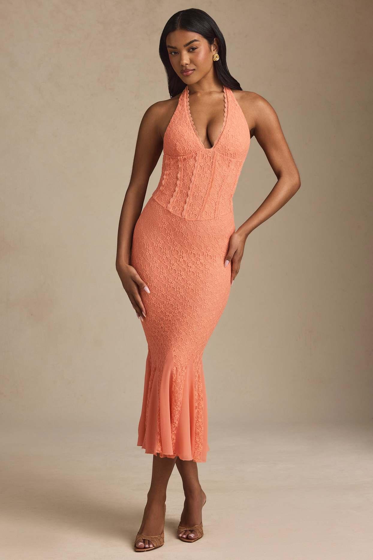Halterneck Corset Lace Midaxi Dress in Peach Product Image