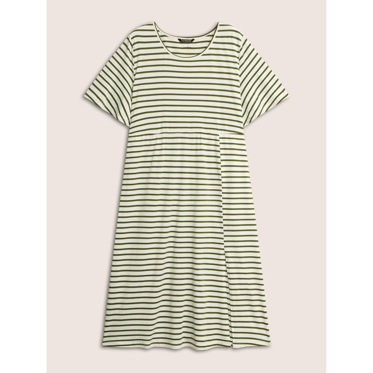 Plus Size Stripes Round Neck Split Side Pocket Dress Moss Women Casual Slit Round Neck Short sleeve Curvy Midi Dress BloomChic 18-20/2X Product Image