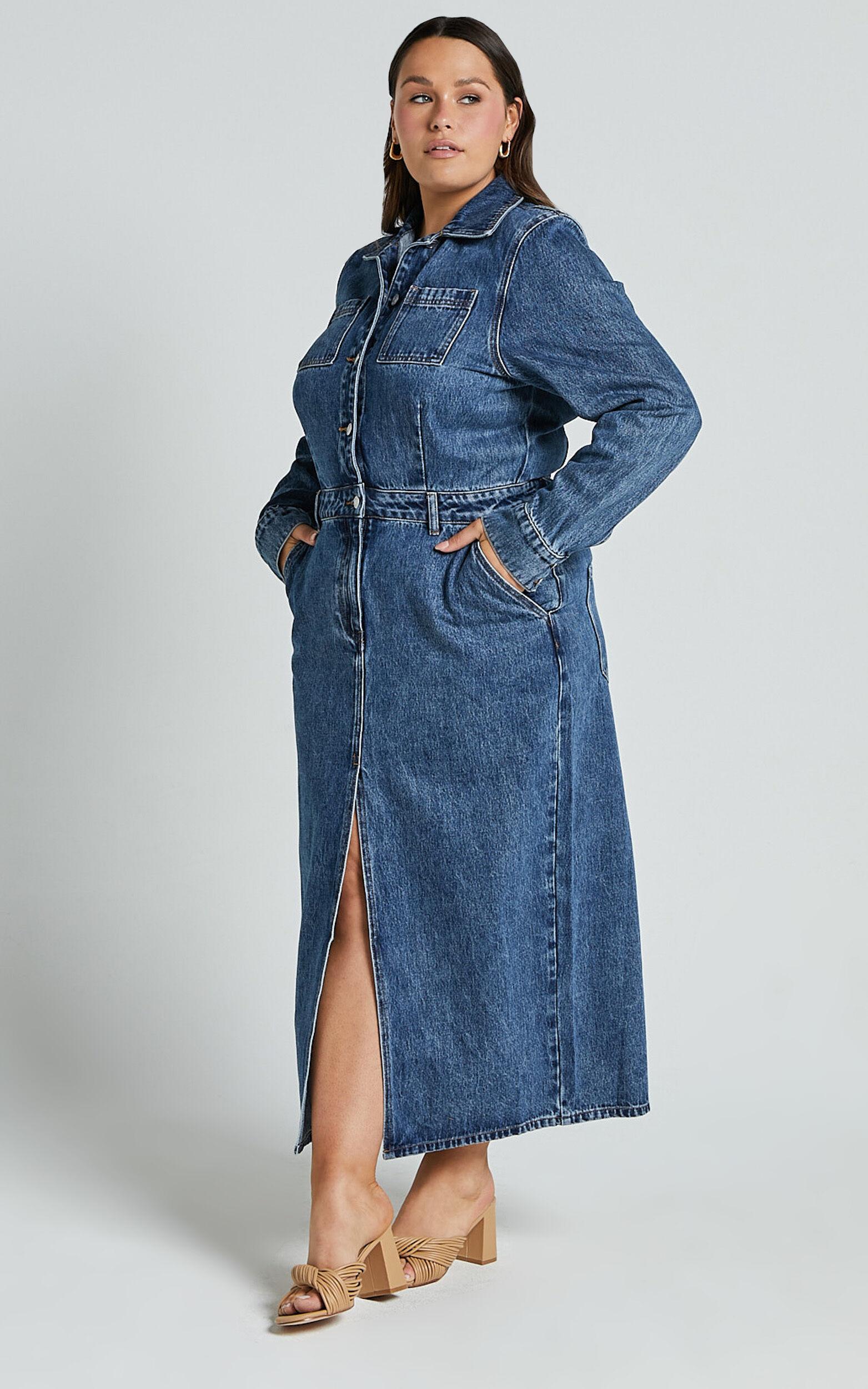 Alison Midi Dress - Long Sleeve Front Split Denim Dress in Mid Blue Wash Product Image