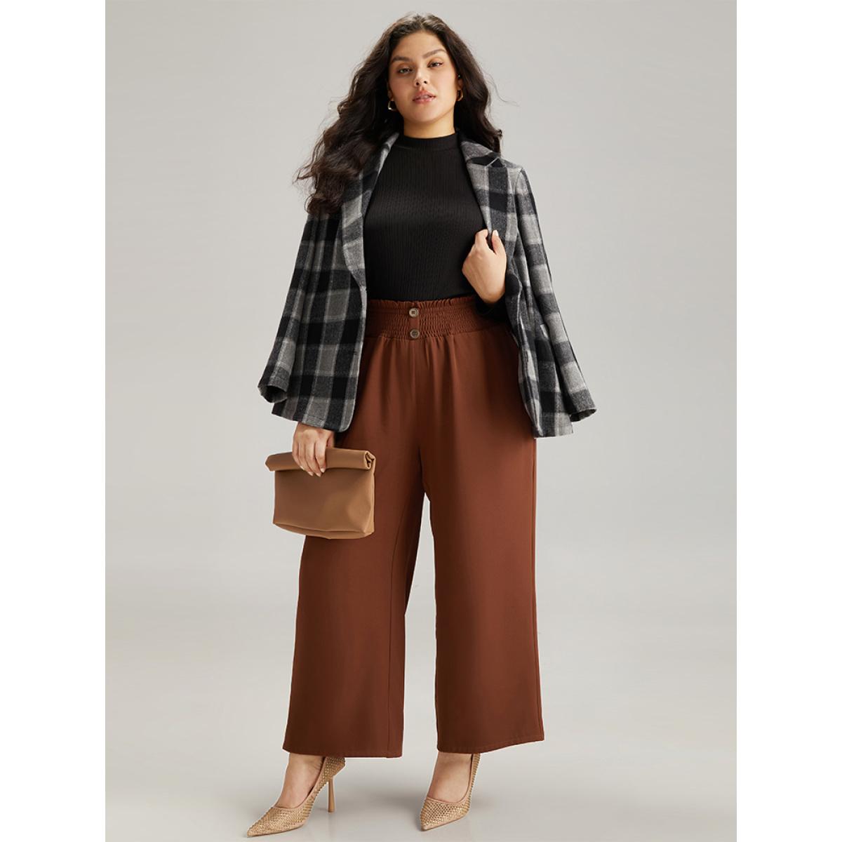 Plus Size Paperbag Waist Button Detail Shirred Pants Women Rust Office Wide Leg High Rise Work Pants BloomChic 10/M Product Image
