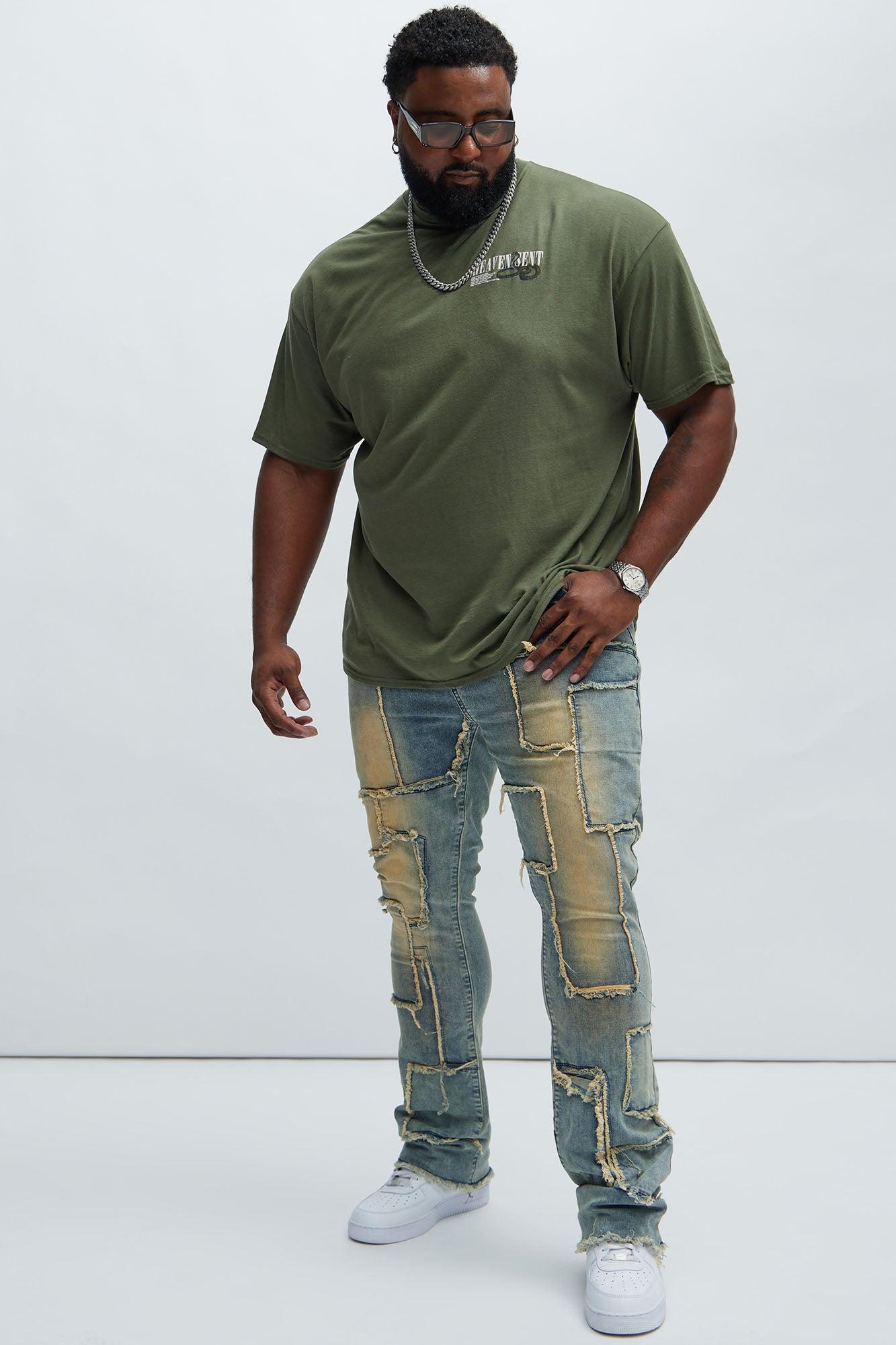 Frayed Patches Stacked Skinny Flare Jeans - Vintage Blue Wash Product Image