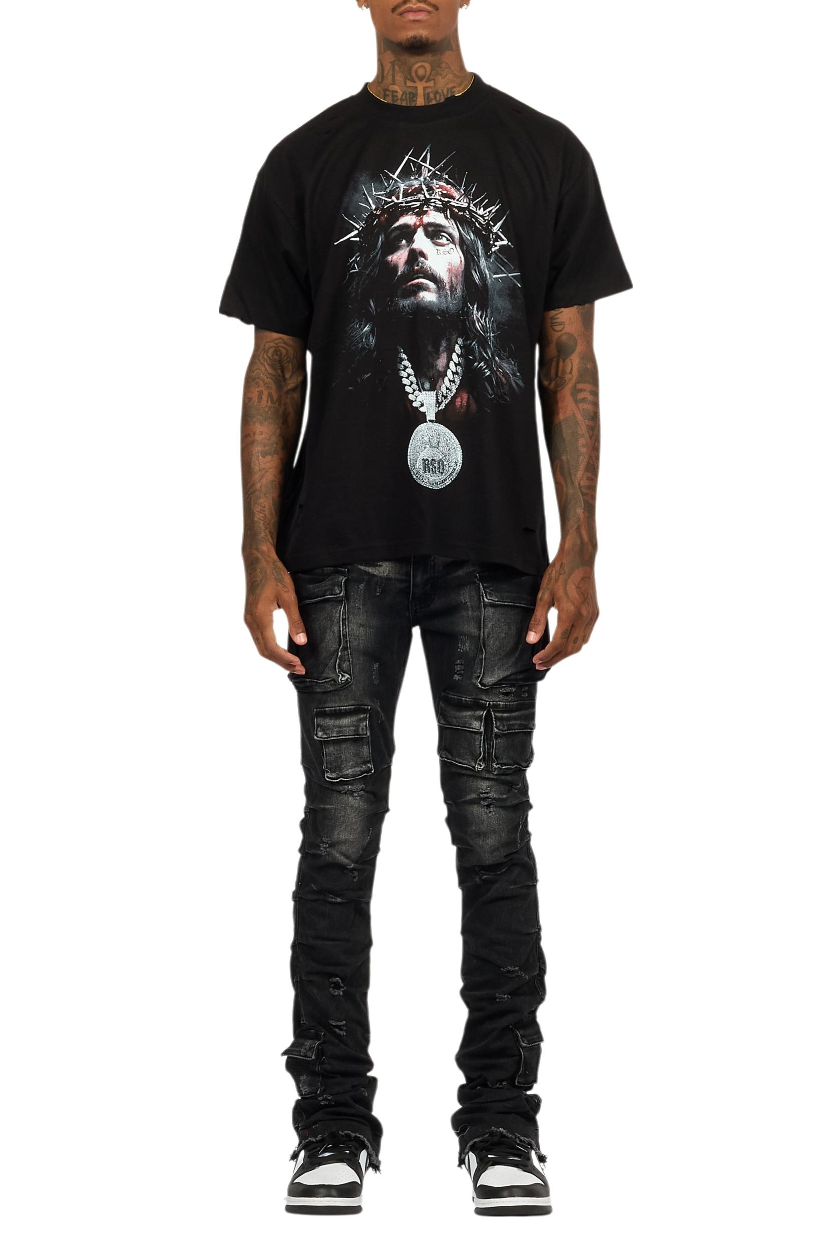 Amina Black Washed T-Shirt Stacked Flare Jean Set Male Product Image