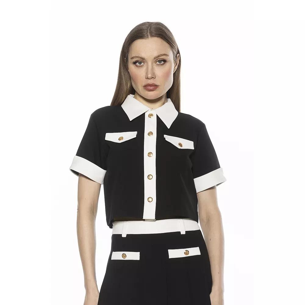 Women's ALEXIA ADMOR Emery Short Sleeve Collared Button Down Top, Size: 10, Black Product Image