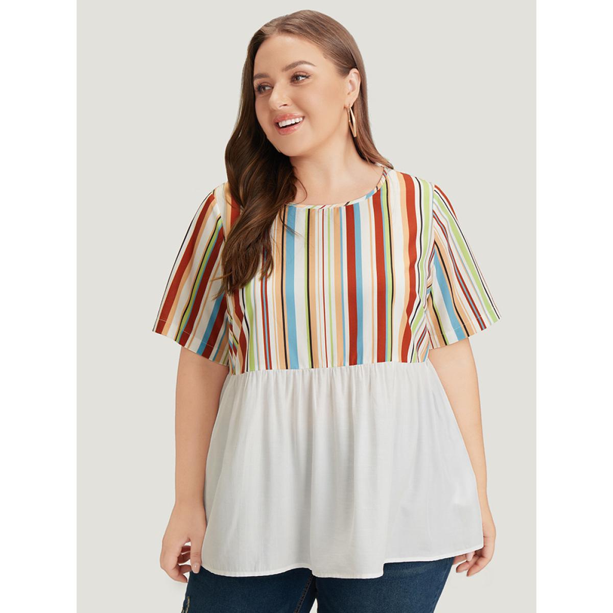 Plus Size Multicolor Rainbow Striped Patchwork Gathered Blouse Women Elegant Short sleeve Round Neck Dailywear Blouses BloomChic 22-24/3X Product Image
