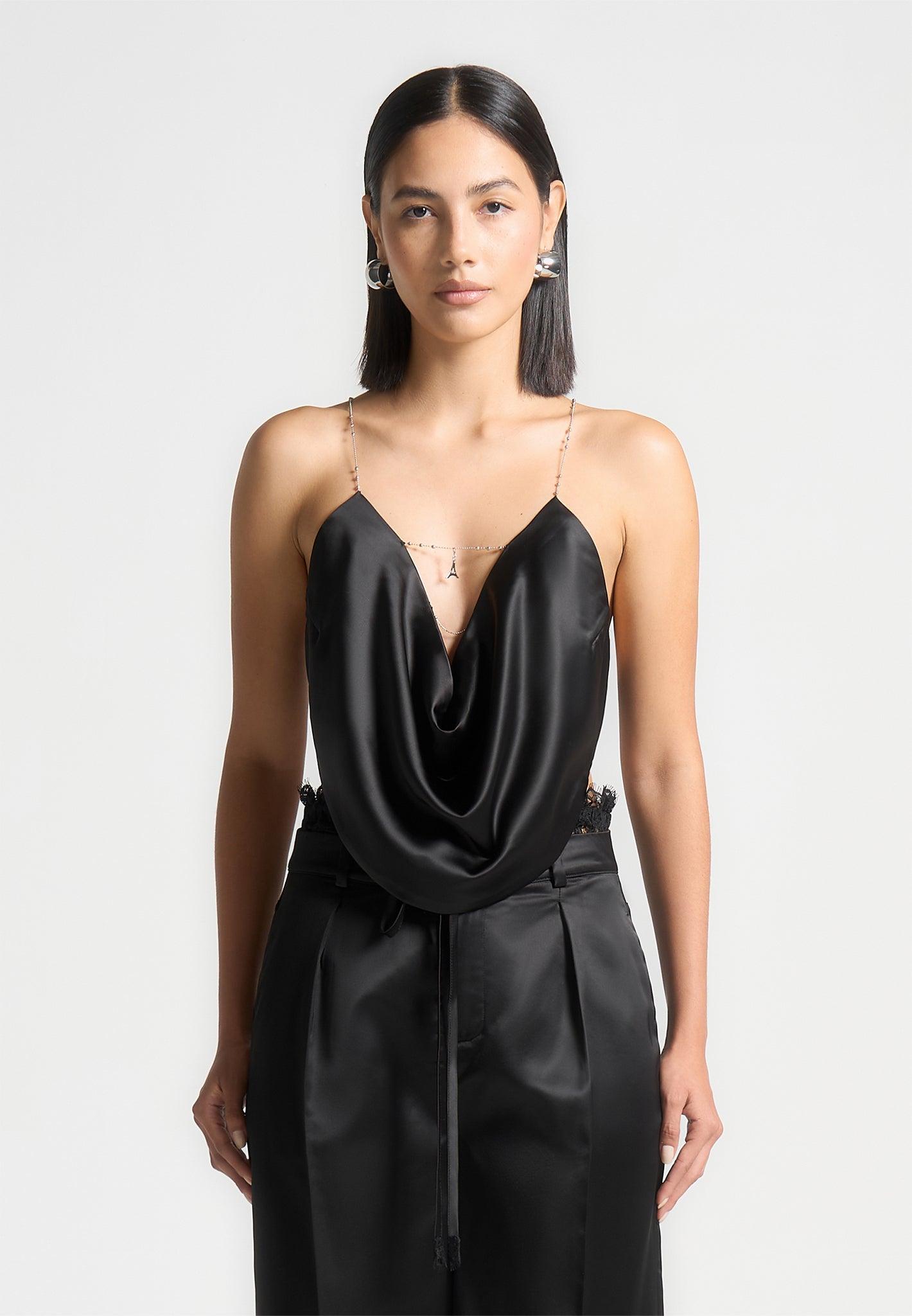Satin Cowl Neck Top with Chain Detail - Black Female Product Image