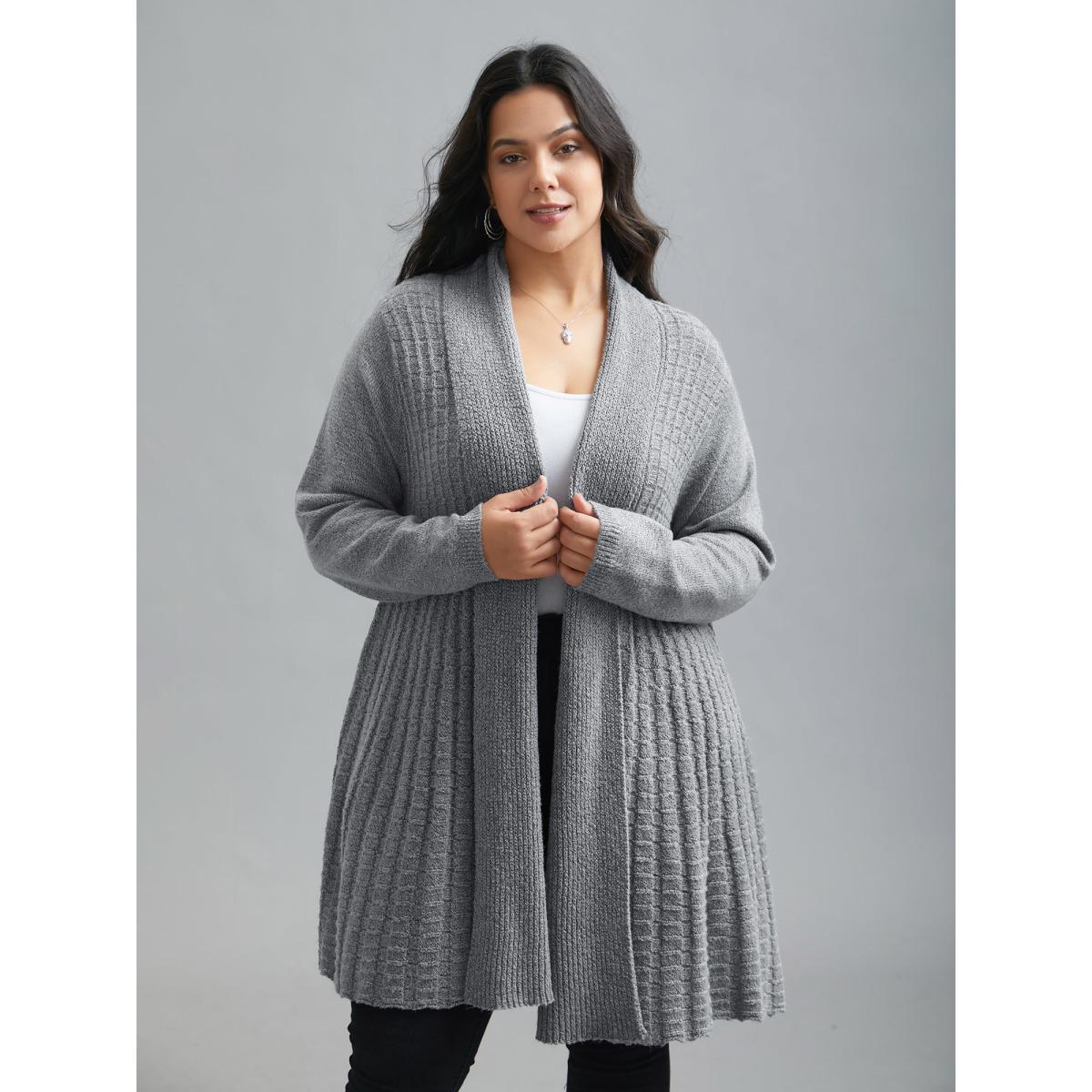 Plus Size Folded Kimono Collar Plain Plisse Cardigan DarkGray Women Casual Loose Long Sleeve Everyday Cardigans BloomChic 10/M Product Image