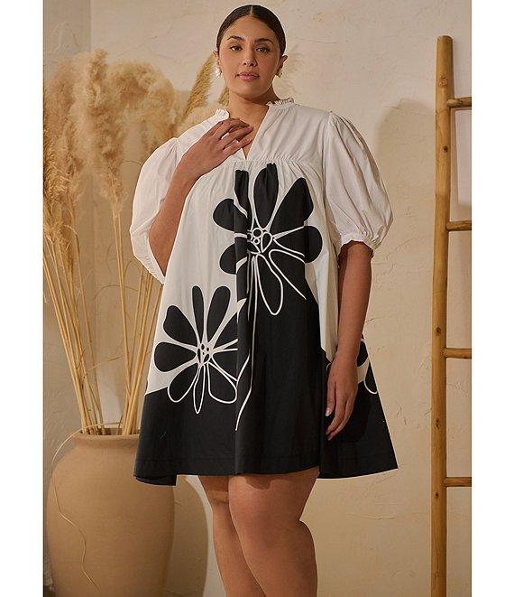 Sugarlips Plus Julissa Placement-Floral-Print Puff-Sleeve Babydoll Dress Product Image