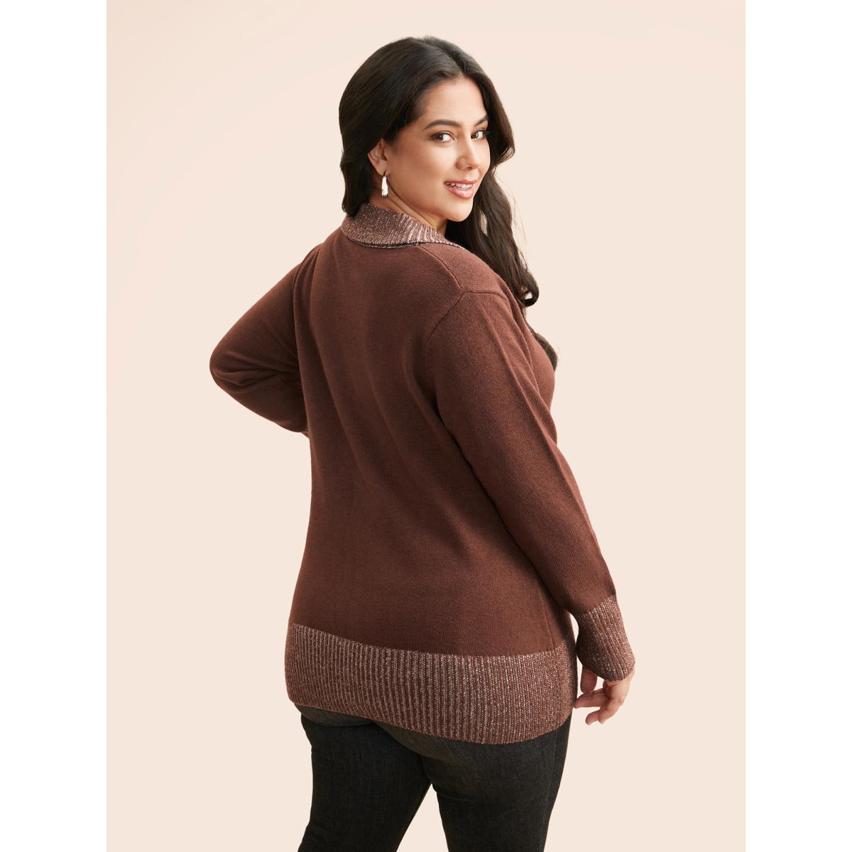 Plus Size Overlap Collar Contrast Button Detail Pullover Rust Women Casual Long Sleeve Overlap Collar Everyday Pullovers BloomChic 14-16/1X Product Image