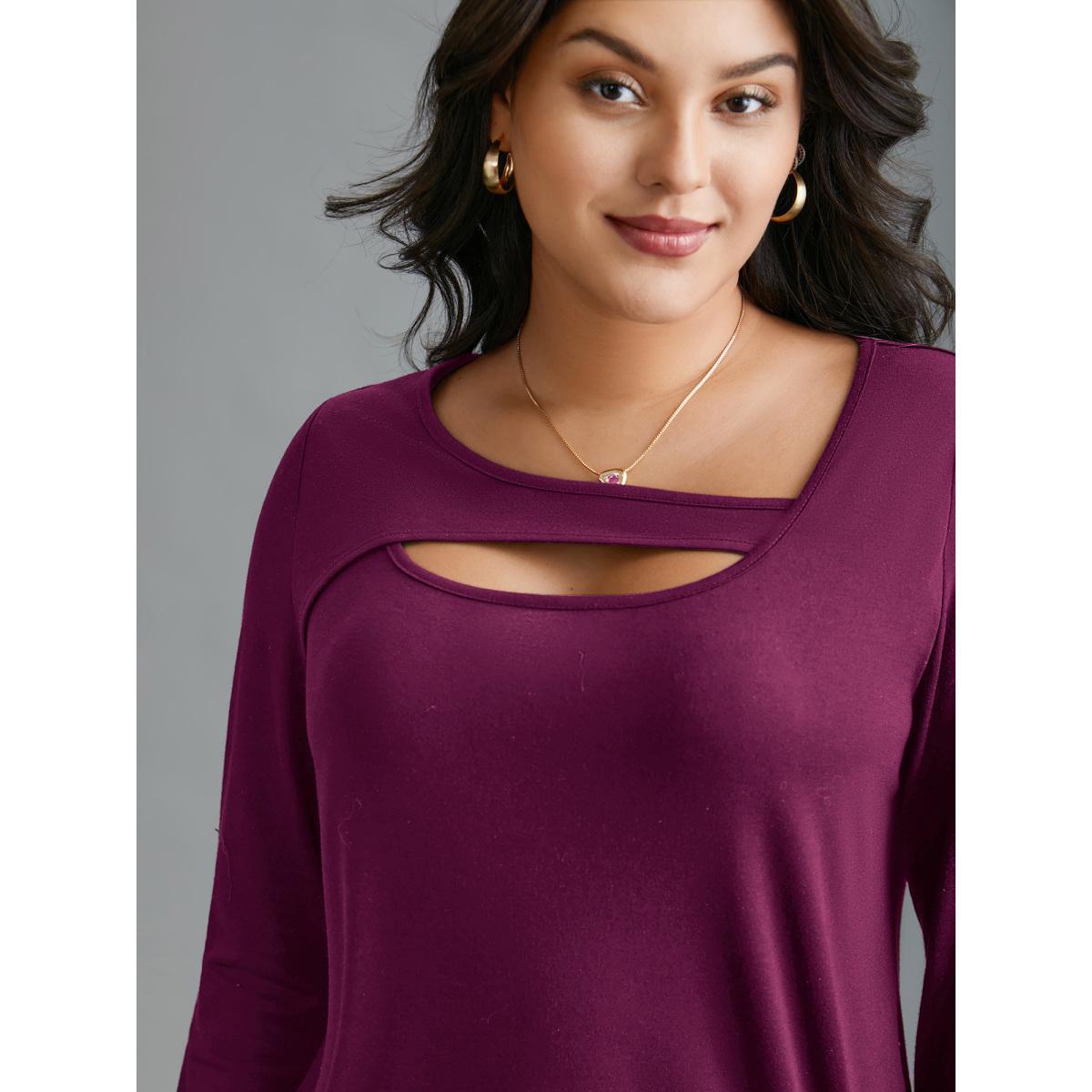Plus Size Asymmetrical Neckline Long Sleeve T-shirt Deeppurplered Women Casual Cut-Out Asymmetrical Neck Everyday T-shirts BloomChic 22-24/3X Product Image