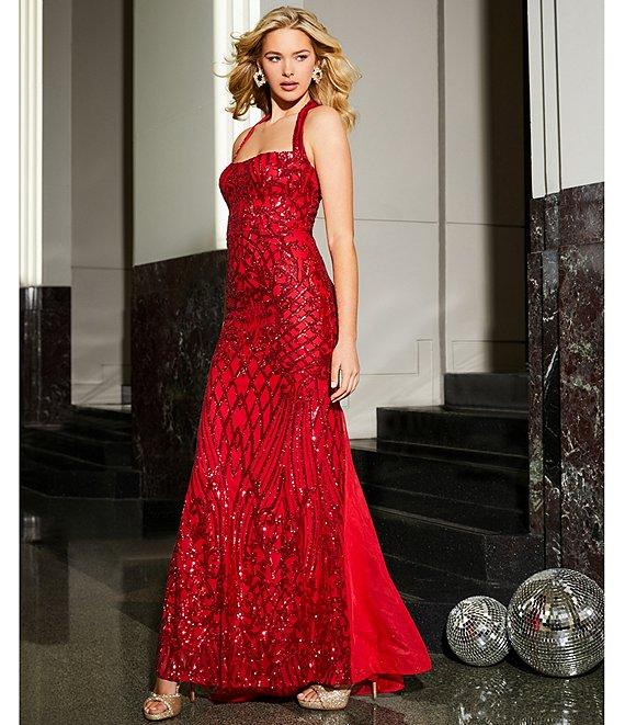 B. Darlin Sequin Pattern Square Neck Halter Godet Dress Product Image