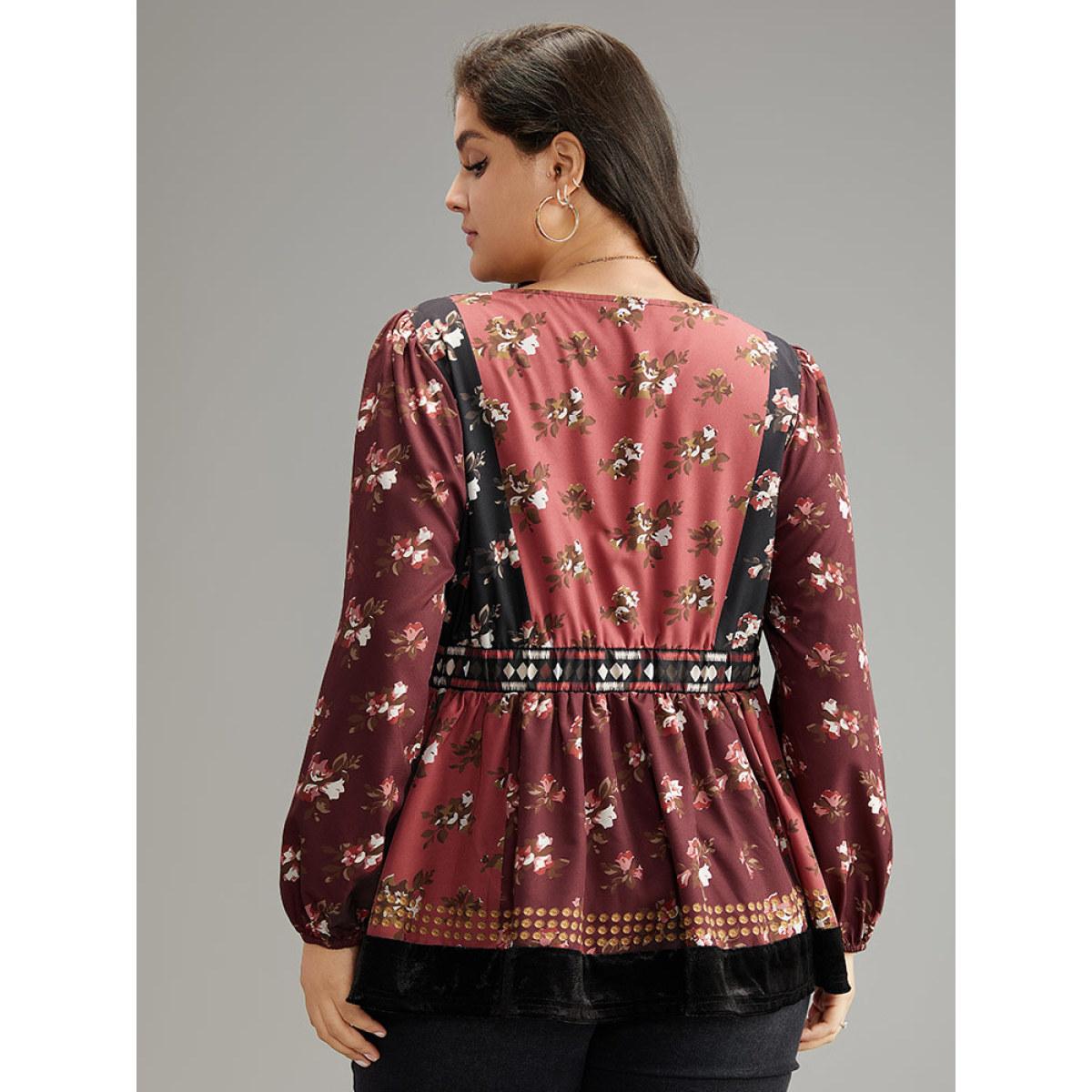 Plus Size Scarlet Velvet Floral Contrast Knot Neck Tassel Blouse Women Vacation Long Sleeve Tie Neck Dailywear Blouses BloomChic 14-16/1X Product Image