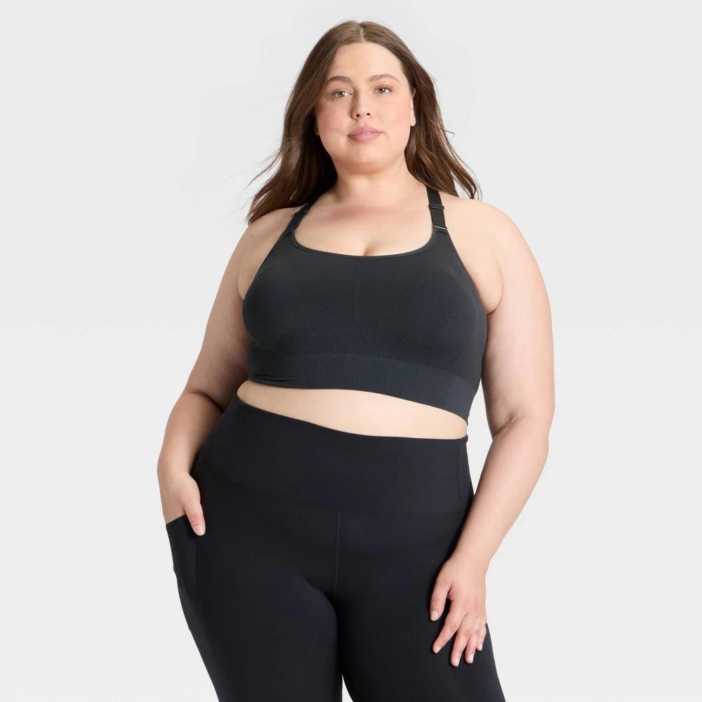 Women's Seamless Medium Support Cami Sports Bra - All In Motion™ Black XXL: Racerback, Removable Padding Product Image